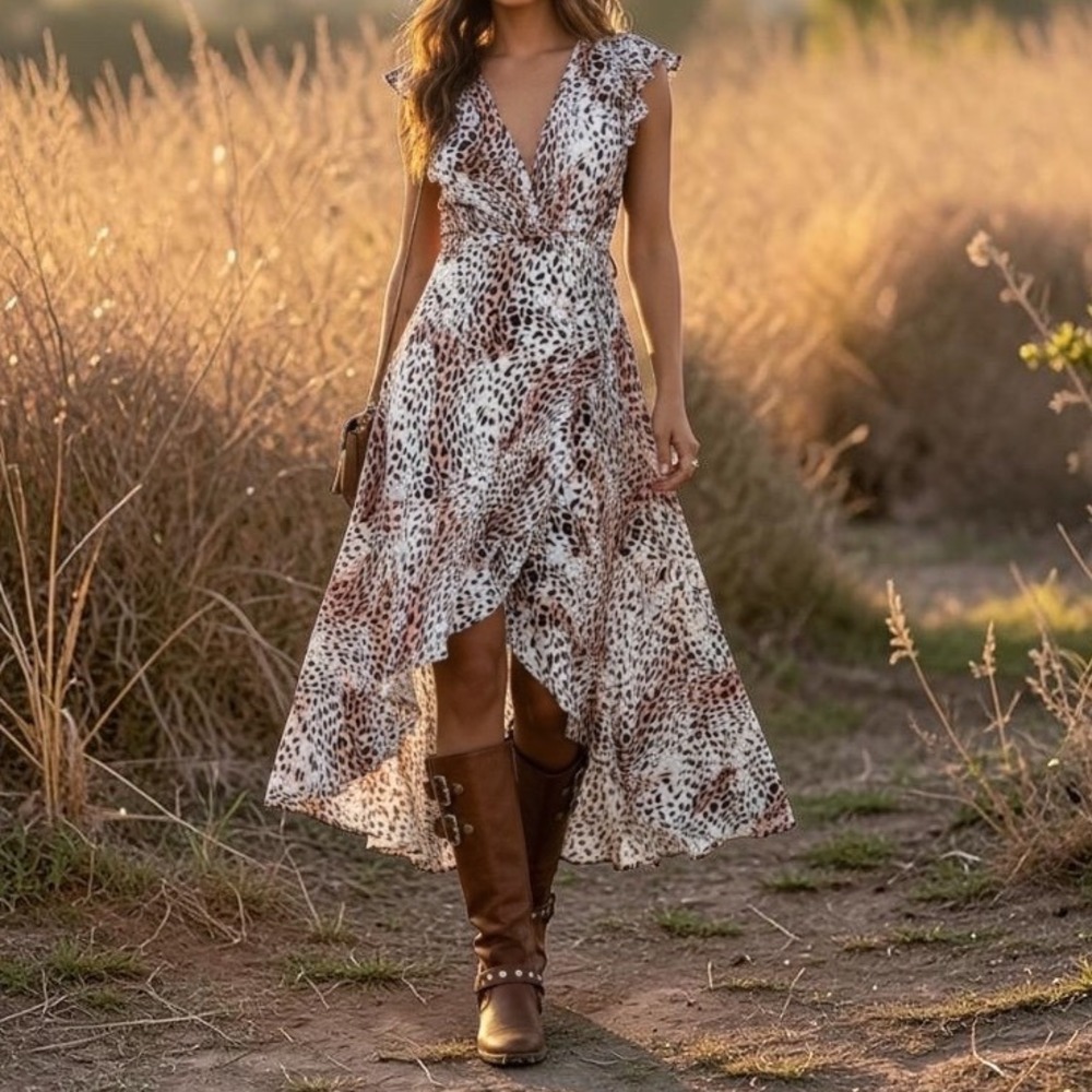 Kivari Zephyr Snow Leopard Wrap Maxi Dress Boho Animal Print Resort Wear Large